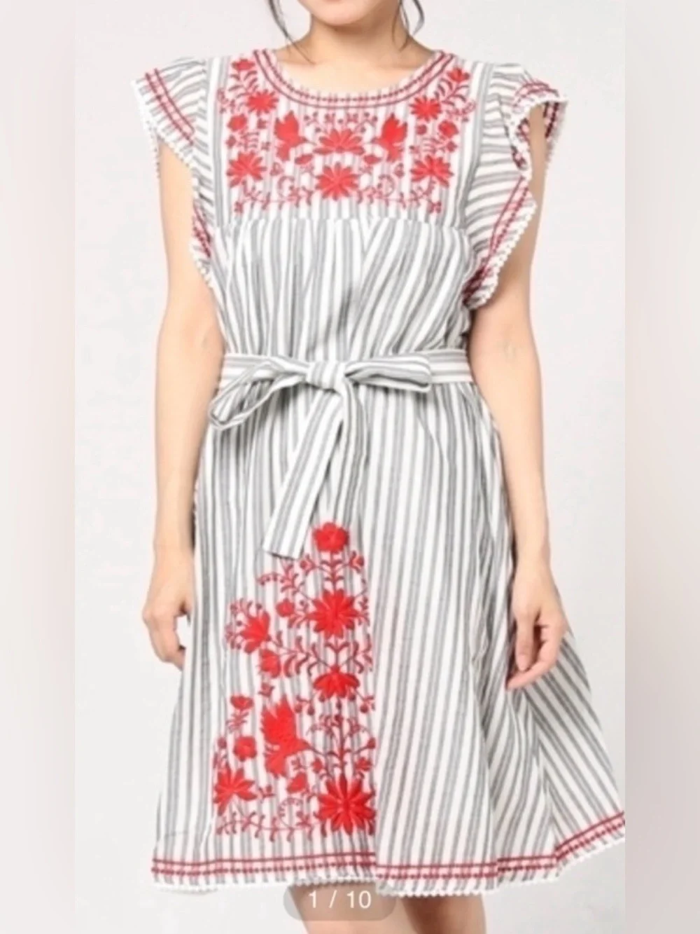 Kate Spade Broome Street Striped Floral Embroidered Belt Dress, Size Medium